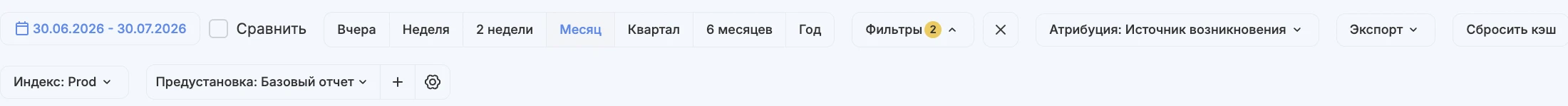 Текущая панель Аналитики Андаты с выбором периода, сравнением, фильтрами, атрибуцией, экспортом и предустановками