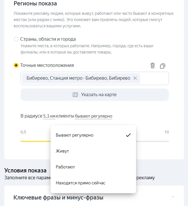 Выбор конкретной геоточки. Реклама будет показываться пользователям, которые часто бывают в указанной геоточке и определенном радиусе вокруг нее