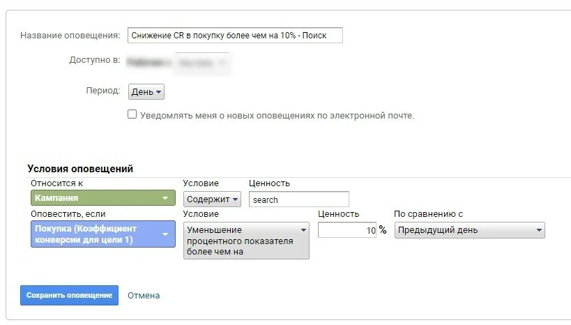Пример настройки оповещений о снижении конверсии в покупку в Google Analytics