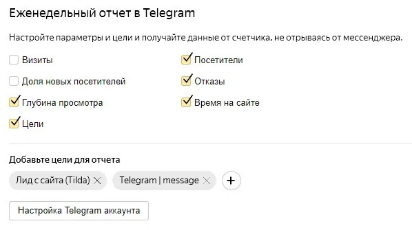 Яндекс Метрика имеет меньше возможностей: можно настроить оповещения о недоступности сайта, а также еженедельный отчет в Telegram